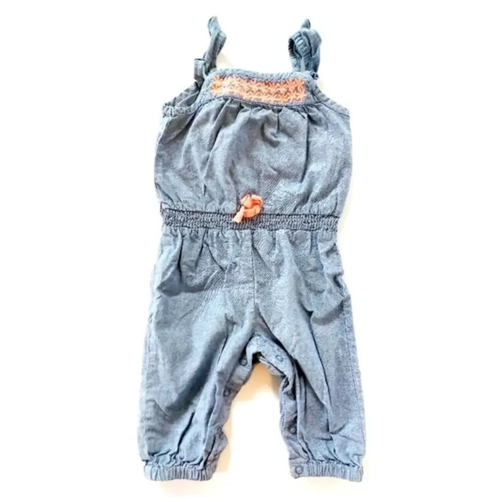 Blue & Coral Embroidered Chambray Romper‎ 12 Months Osh Kosh